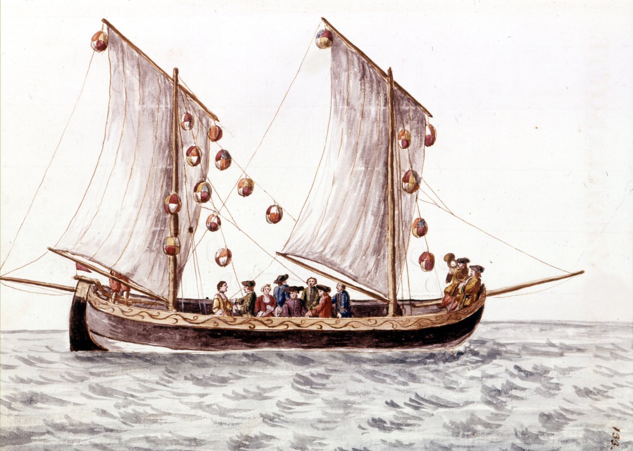 Ein venezianischer Trabac mit Laternen, Fischerboot, das in flachen ...