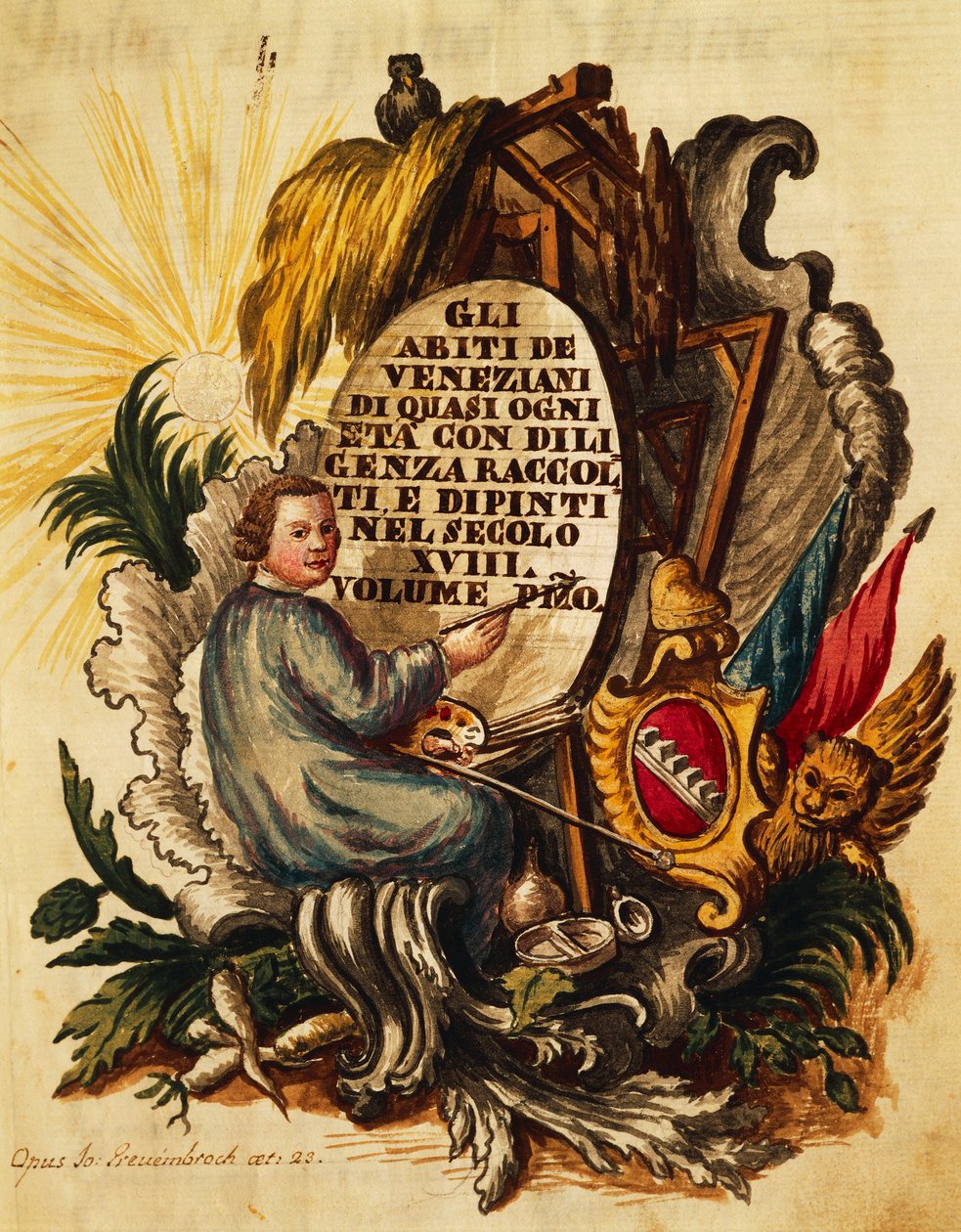 Venezianische Kleidung für alle Altersgruppen, sorgfältig gesammelt und gemalt, für das 18. Jahrhundert, von Giovanni Grevembroch, Titelseite von Jan van Grevenbroeck