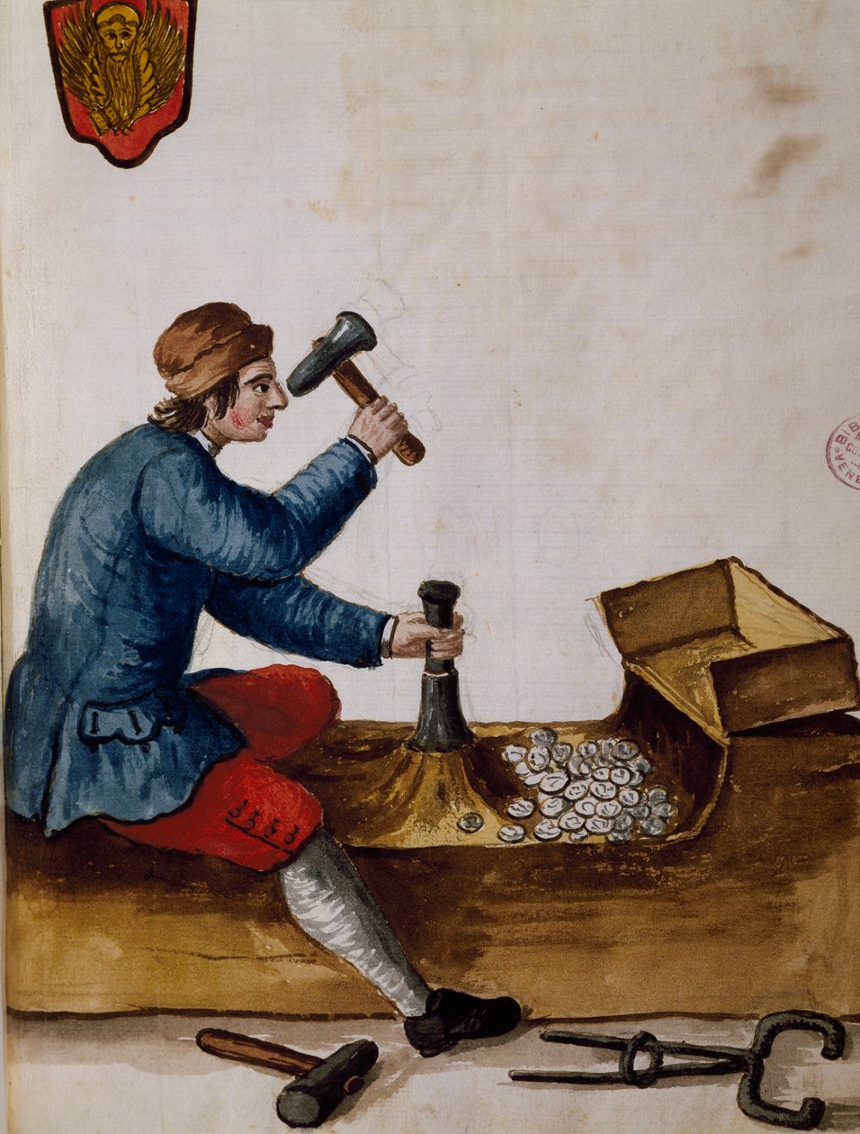 Arbeiter in der Münzstätte, Illustration aus dem illustrierten Buch der venezianischen Kostüme, von Jan Grevenbroeck, Aquarell, Italien von Jan van Grevenbroeck