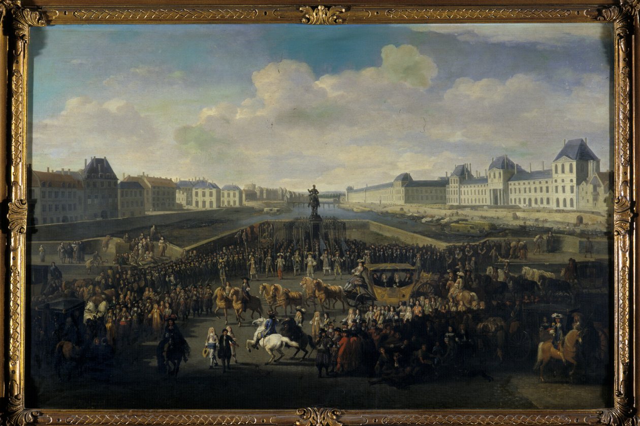 Ludwig XIV. nähert sich der Pont Neuf, Paris von Jan van Huchtenburgh