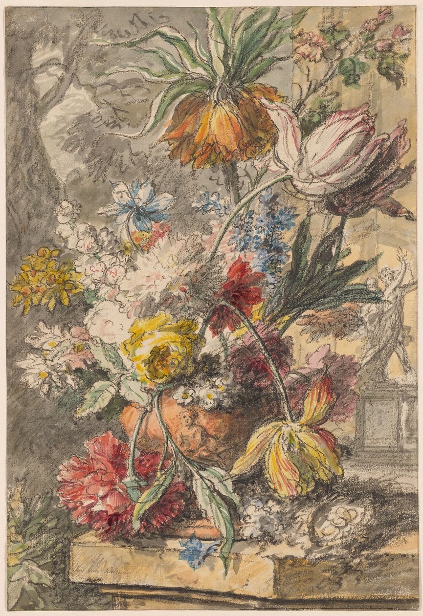 Blumen in einer Urne und Vogelnest auf einem Steinsockel, mit einer Statue von "Apollo und Daphne" im Hintergrund von Jan van Huysum