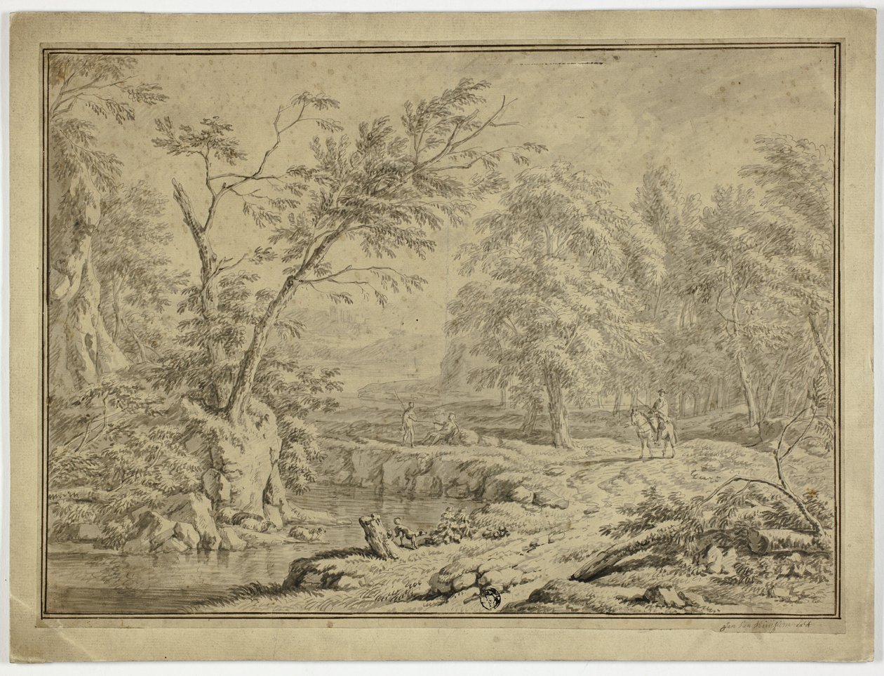 Landschaft mit Hirten am Fluss und Mann zu Pferd von Jan van Huysum