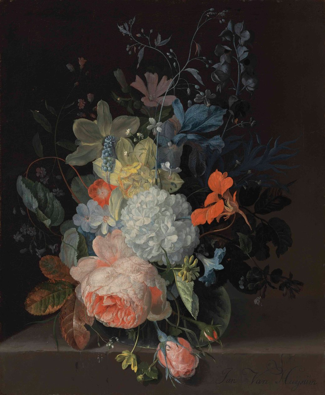 Vase mit Blumen auf einem Sims, mit einer Rose, einer Schneeballblume, Narzissen und Schwertlilien von Jan van Huysum