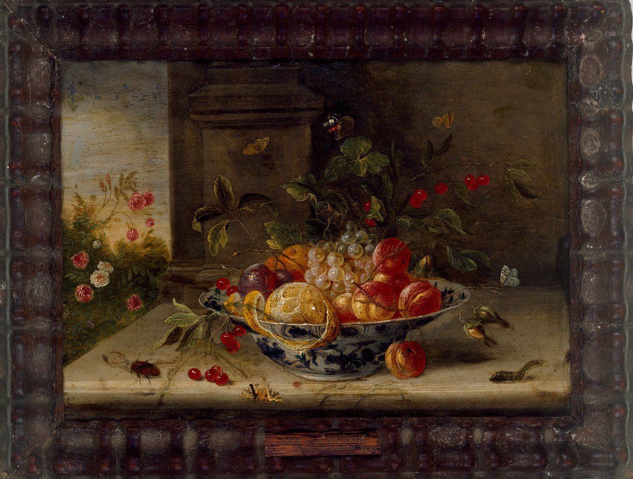 Dekorative Stillleben-Komposition mit einer Porzellanschale, Obst und Insekten, Mitte des 17. Jahrhunderts von Jan van Kessel