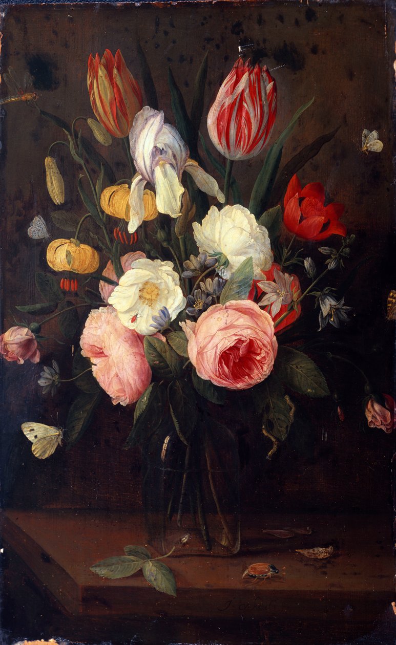 Rosen, Tulpen und andere Blumen in einer Glasvase, mit Insekten, auf einem Tisch von Jan van Kessel