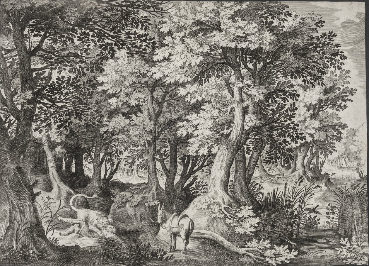 Landschaft mit dem ungehorsamen Propheten, der von einem Löwen verschlungen wird von Jan van Londerseel
