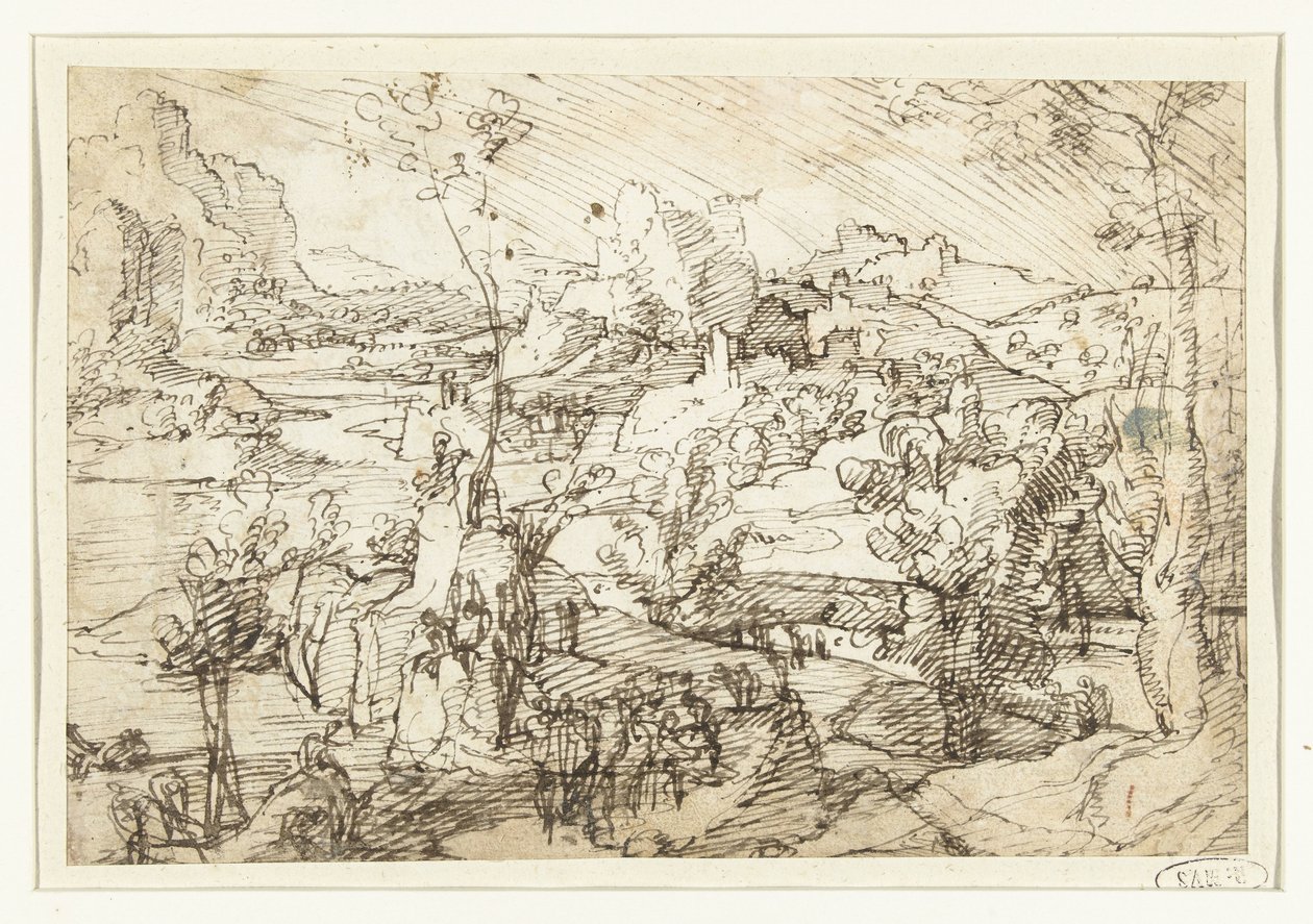 Landschaft mit Felsen, Figuren und einem Segelschiff von Jan van Scorel (attributed to)