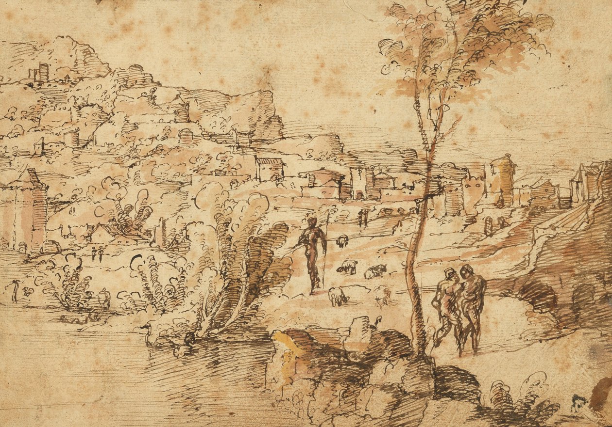 Landschaft mit Hirten an einem Fluss und einer Stadt im Hintergrund (recto); Figurenstudien und römische Ruinen (verso) von Jan van Scorel