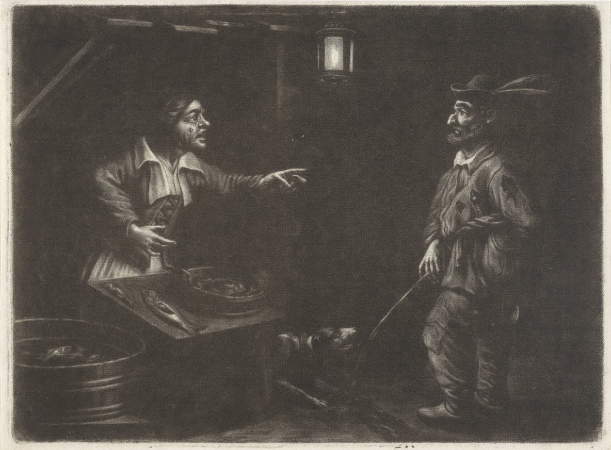 Nachtansicht mit Fischverkäuferin und einem urinierenden Mann von Jan van Somer