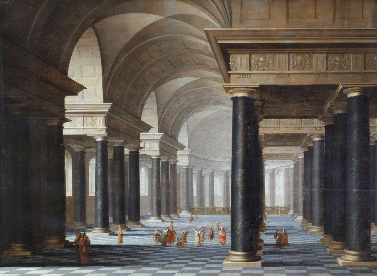 Das Innere einer Kirche mit schwarzen Marmorsäulen und Figuren in antiker Kleidung von Jan van Vucht