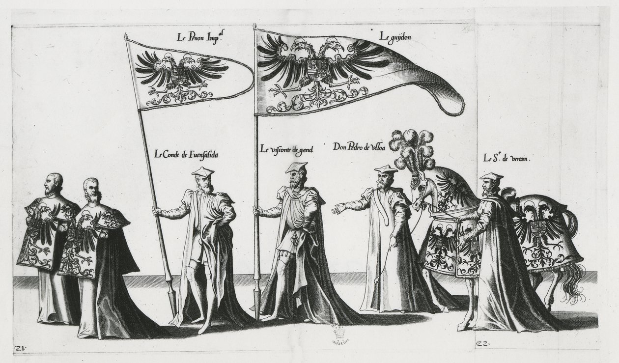 Kaiserliche Fahne beim Trauerzug von Kaiser Karl V. von Jan van and Doetechum Lucas van and Bol Hans Doetechum the elder