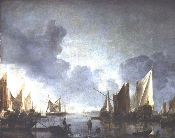 Eine ruhige Szene mit einem Würdenträger in einer Staatsbarke und Fischern im Vordergrund von Jan van de Capelle or Cappelle