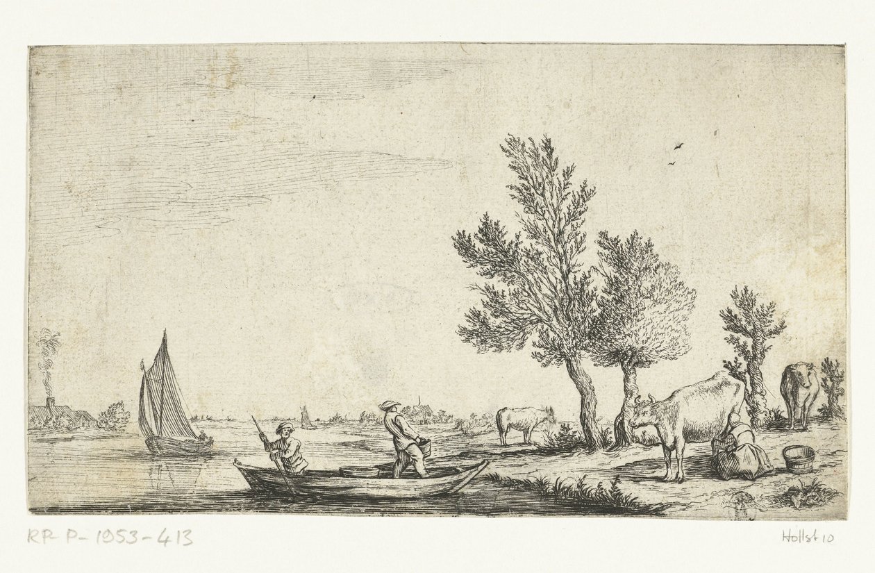 Flusslandschaft mit zwei Männern in einem Ruderboot von Jan van de Cappelle (attributed to)