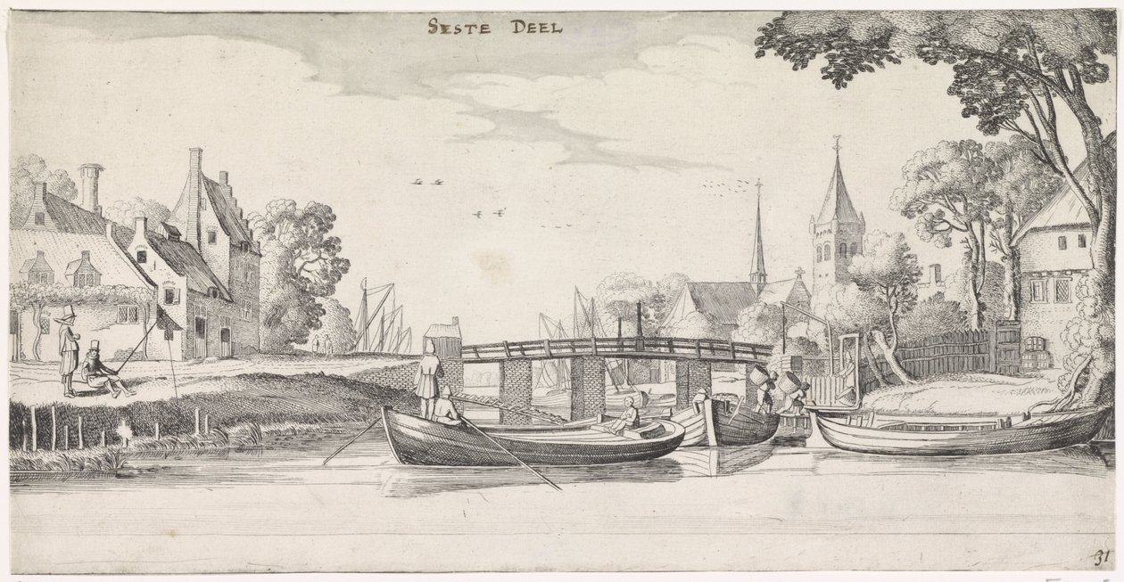Boote bei einem Steg in einem Dorf (Playsante lantschappen ende vermakelycke gesichten) von Jan van de Velde (II)