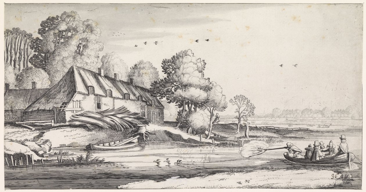 Entenjagd auf einem Fluss bei einem Bauernhof von Jan van de Velde (II)