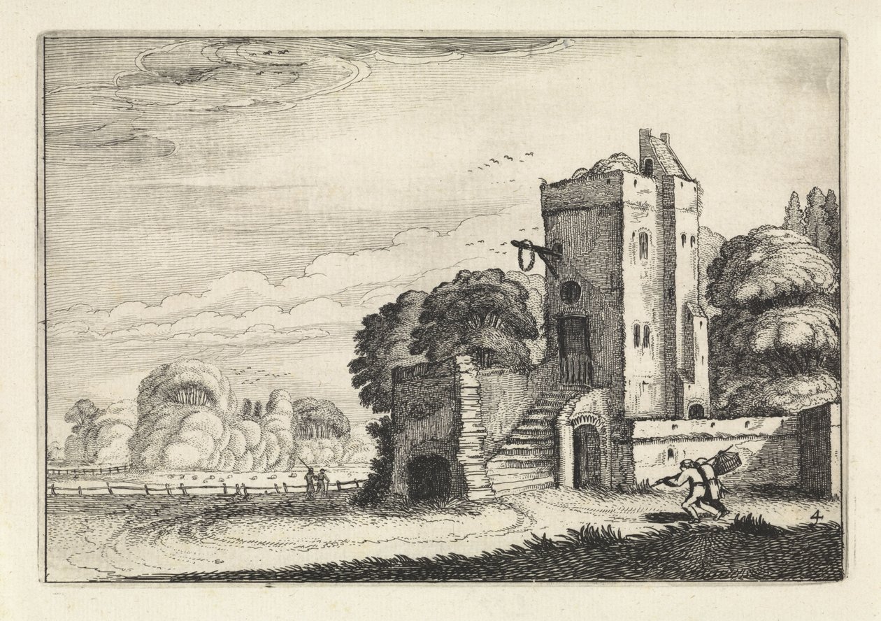 Figuren mit einem Vogelkäfig bei einem Turm in einer Landschaft von Jan van de Velde (II)