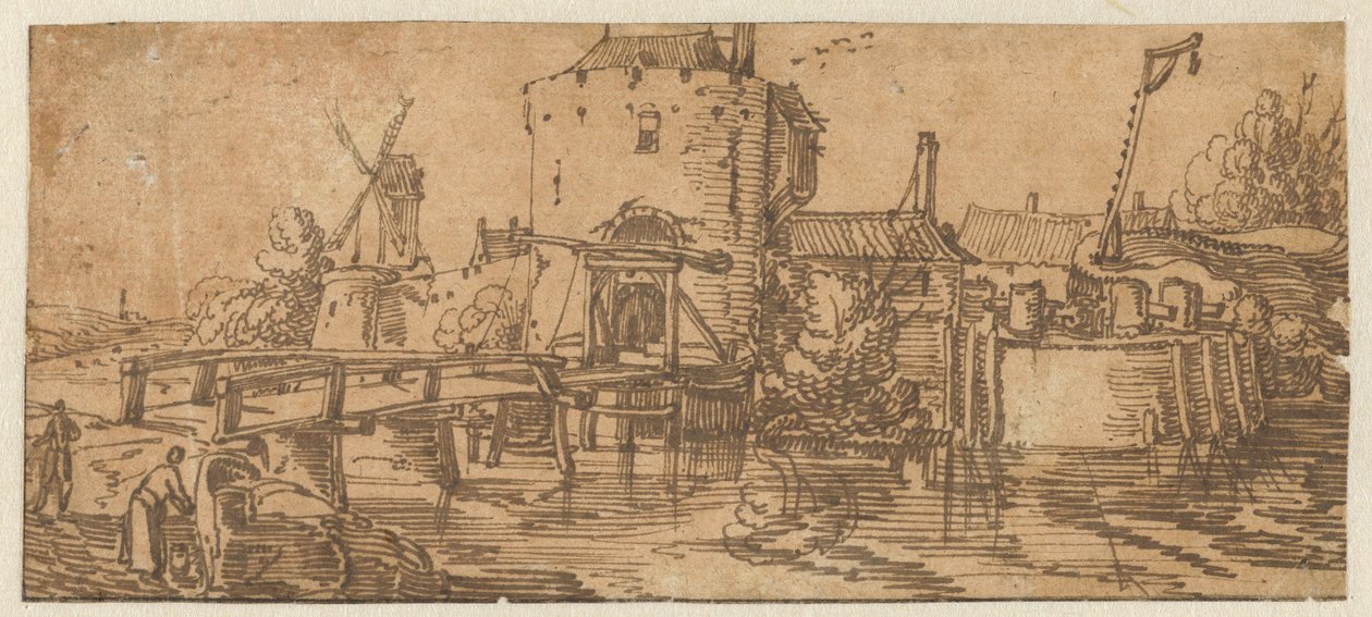 Ansicht einer Stadt (Culemborg?) mit einer Brücke vor einem Tor von Jan van de Velde (II)