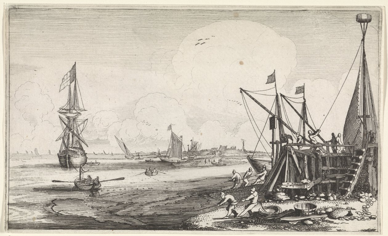 Hafenkopf mit Fischern, die ihre Netze einholen (Meeresansichten) von Jan van de Velde (II)