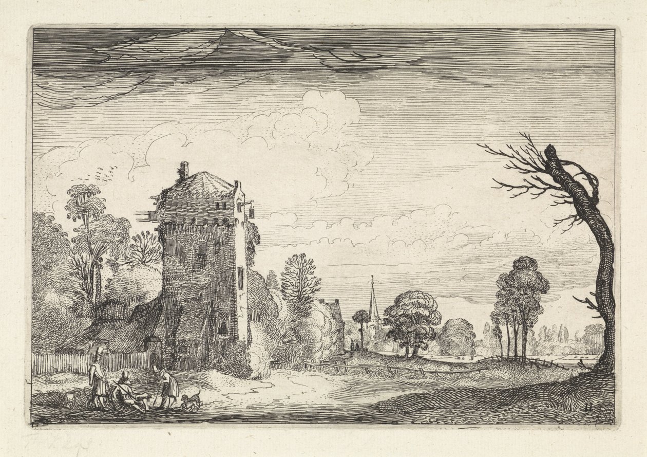 Jäger mit Hunden bei einem Turm in einer Landschaft von Jan van de Velde (II)