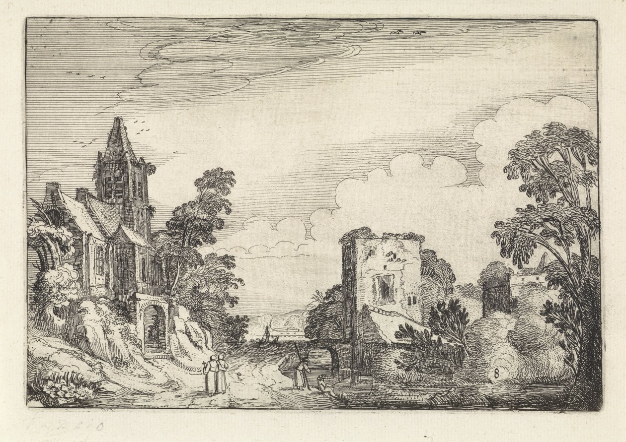 Turm und eine Kirche in einer Landschaft von Jan van de Velde (II)
