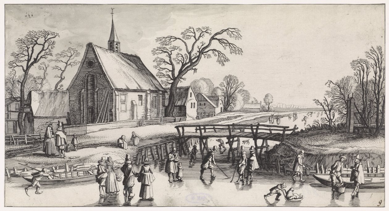 Winterlandschaft mit Schlittschuhläufern bei einem Dorf von Jan van de Velde (II)