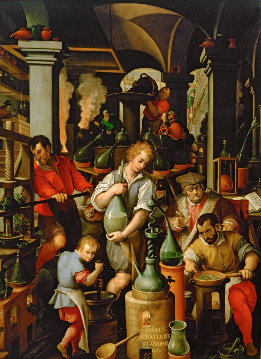 Labor des Alchemisten von Jan van der (1523-1605) Straet