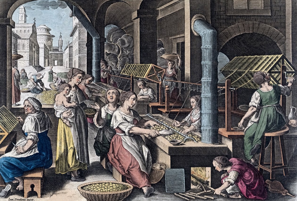 Seidenproduktion in Europa im 16. Jahrhundert (Druck) von Jan van der (1523 1605) (after) Straet