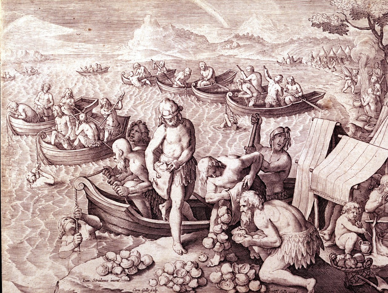 Austernfischerei. 17. Jahrhundert. Gravur von Giovanni Stradano (Jan Van Der Straet) (Johannes Stradanus) (1523-1605) von Jan van der Straet