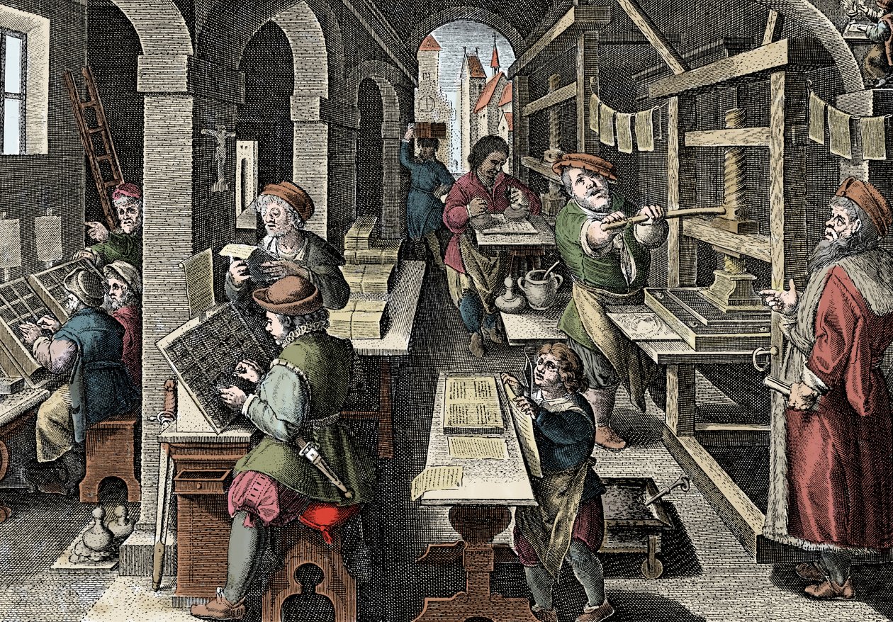 Druckerei, ca. 1600 - Holland, Druck: links verwenden die Charaktere Zeichen, die verschiedenen Stadien der Druckvorbereitung unter der Aufsicht eines Meisterdruckers - Gravur aus „Nova Reperta“ von Giovanni Stradano von Jan van der Straet