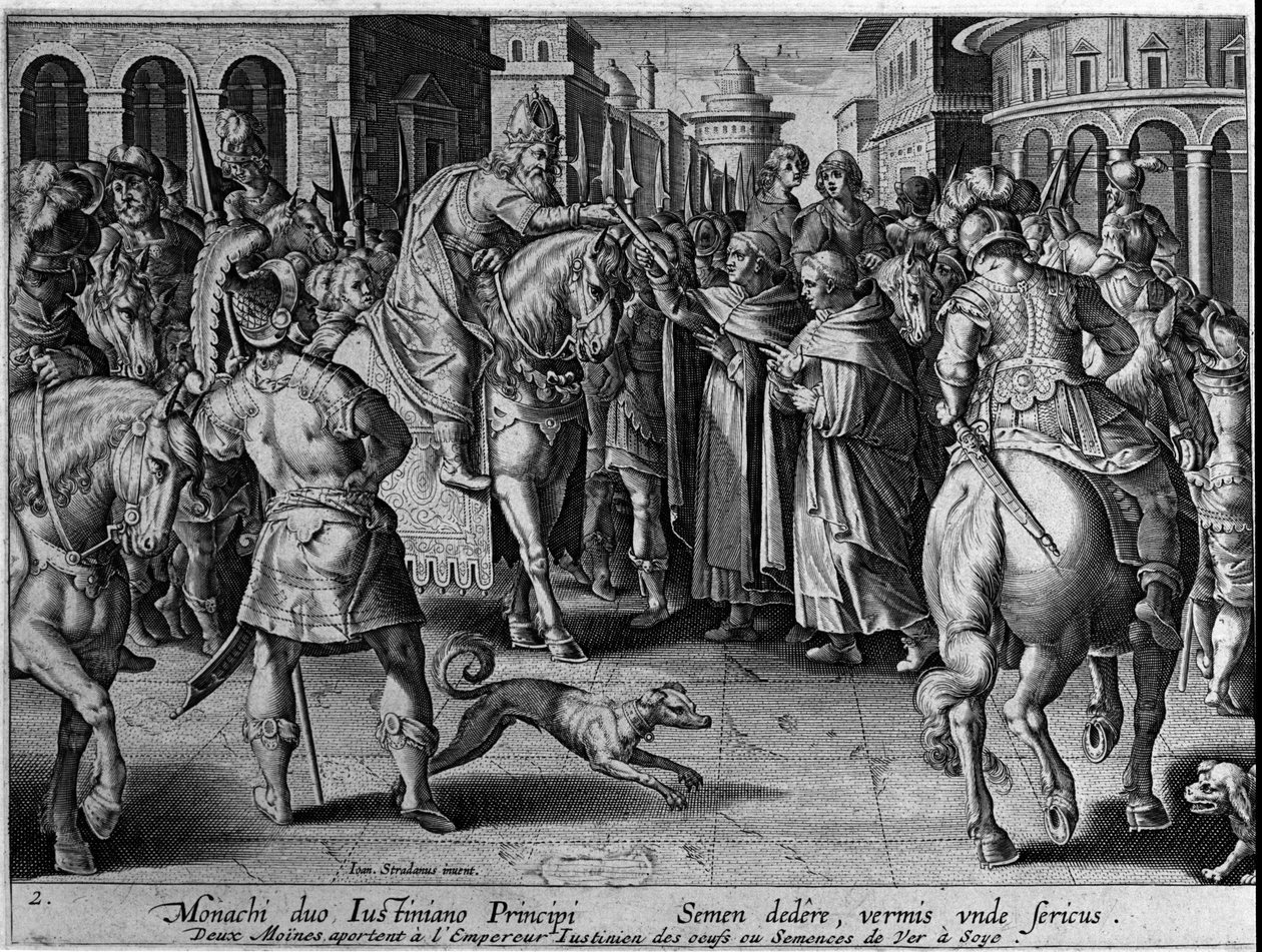 Die Mönche übergeben dem byzantinischen Kaiser Justinian I. die Seidenraupen. Der Kaiser wird somit den Seidenhandel beginnen. Gravur von Giovanni Stradano (Jan Van Der Straet) (Johannes Stradanus) 17. Jahrhundert von Jan van der Straet