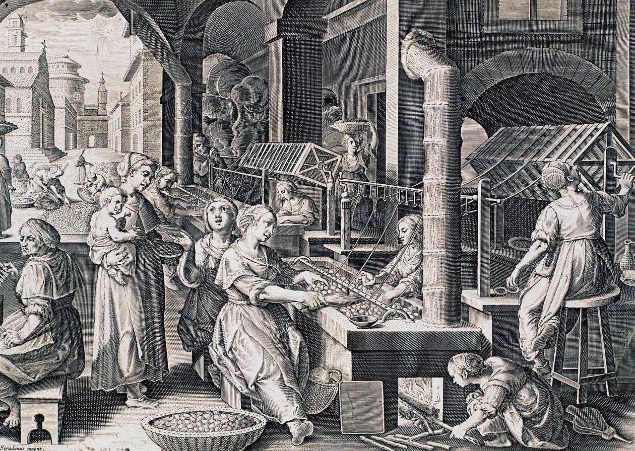Vermis sericus, Frauen spinnen Seide und erhitzen Seidenraupen am Feuer, Gravur von Stradanus (1523-1605), Italien von Jan van der Straet