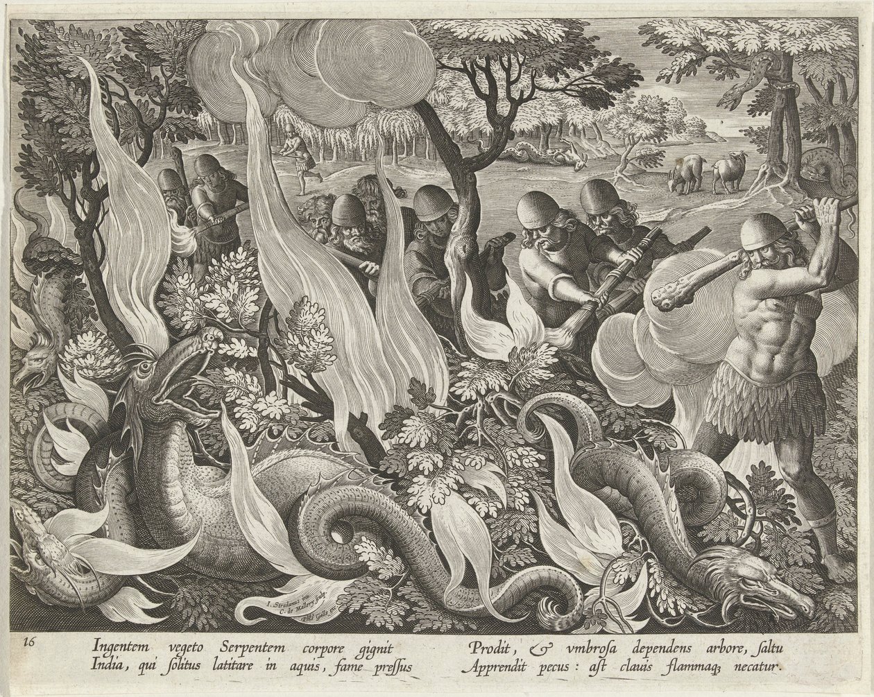 Schlangenfangen in Indien mit Keulen und Fackeln zur Beleuchtung des Unterholzes, veröffentlicht 1640 (Gravur) von Jan van der Straet