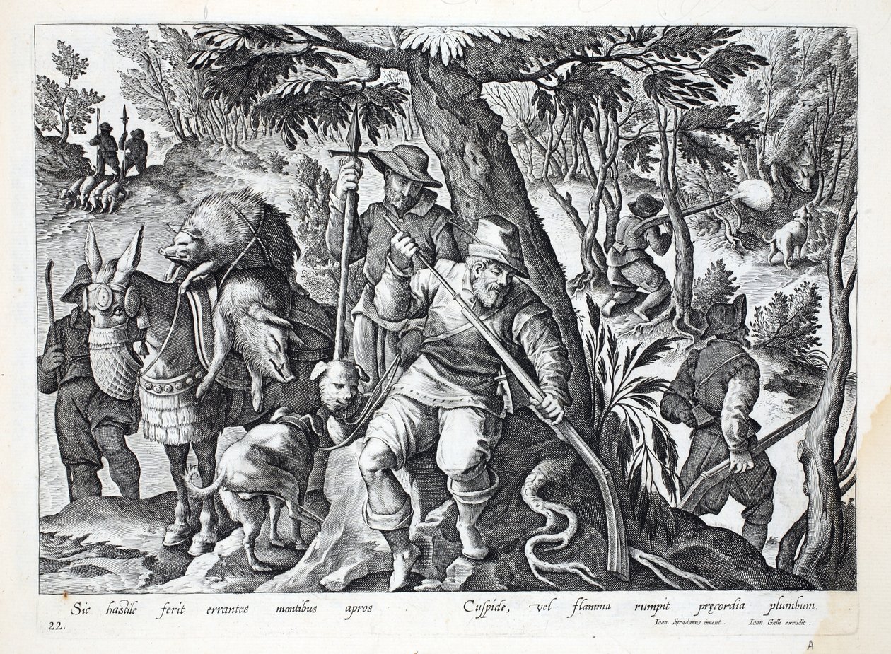 Jäger verwenden Speere oder mit Blei geladene Gewehre, um Bergschweine zu jagen, Illustration aus 