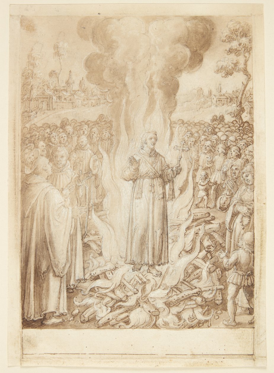 S. Giovanni Alberti Fiorentinos Geschichte. Abt Petrus beweist durch die Feuerprobe, dass der Bischof von Florenz ein Ketzer und Simonist ist von Jan van der Straet