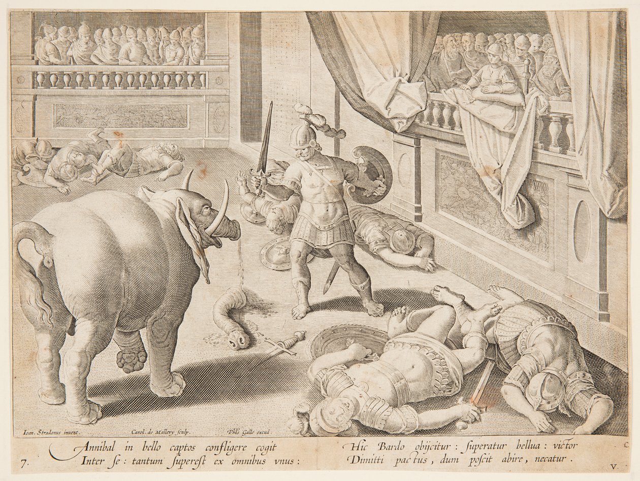 Ein römischer Soldat kämpft gegen einen von Hannibals Elefanten, Tafel 7 in der Serie Venationes Ferarum, Avium, Piscium von Jan van der Straet, called Stradanus