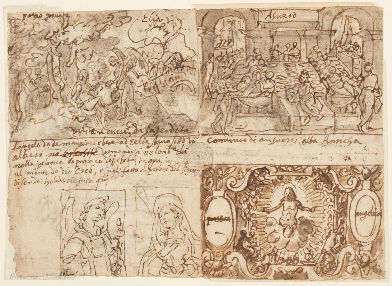 Oben links: Waldlandschaft mit Elia, der von einem Engel auf dem Berg Horeb geweckt und genährt wird (1 Könige 19:5-6); Oben rechts: Das Bankett von König Ahasverus (Esther 1: 1-6); Unten rechts: Christus umgeben von Engeln mit den Arma Christi; Unten link von Jan van der Straet, called Stradanus