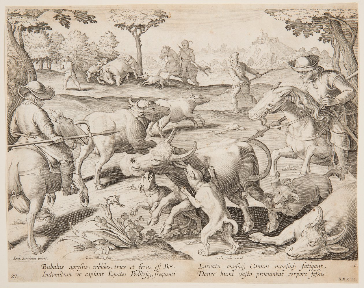 Büffeljagd, Platte 27 in der Serie Venationes Ferarum, Avium, Piscium von Jan van der Straet, called Stradanus