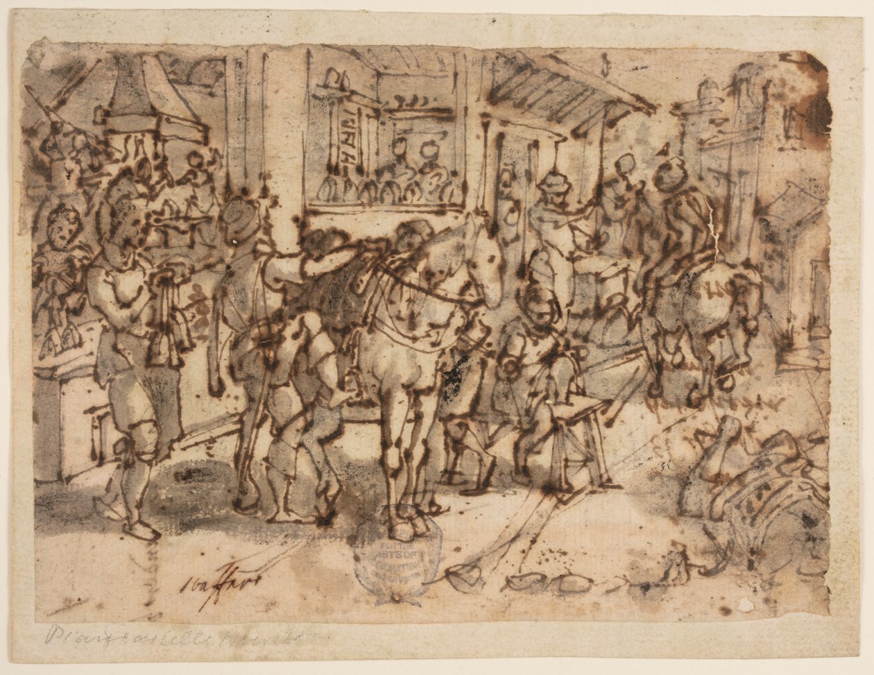 Erfindung des Steigbügels, Entwurf für "Staphae, sive stapedes," pl. 9 in der Nova Reperta (Neue Erfindungen der Neuzeit) Druckserie von Jan van der Straet, called Stradanus