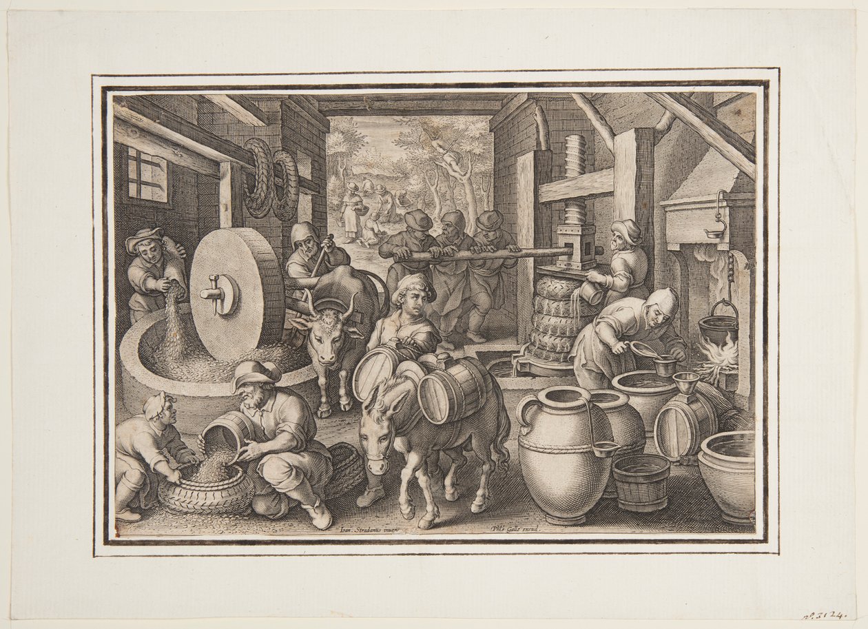 Oleum Olivarum (Die Produktion von Olivenöl), Tafel 12 in der Nova Reperta (Neue Erfindungen der Neuzeit) von Jan van der Straet, called Stradanus