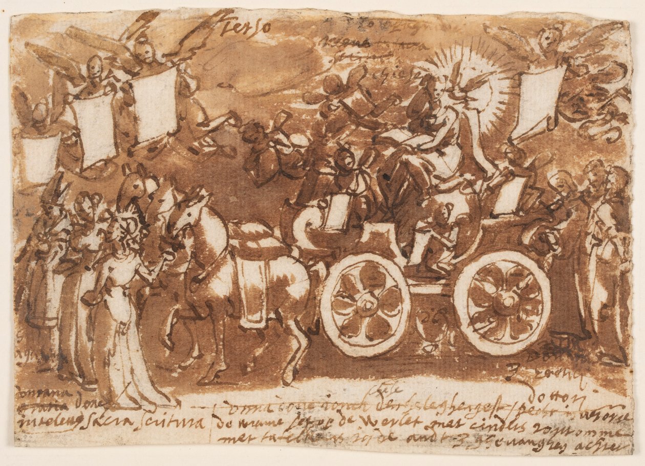 Seite eines Skizzenbuchs; Streitwagen und drei Pferde von Jan van der Straet, called Stradanus