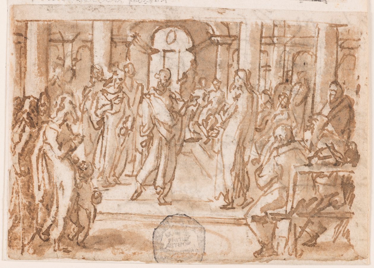 Petrus und Johannes werden vom Hohen Rat befragt, Vorentwurf für "Spiritus Scientiae" (Der Geist der Wissenschaft), Platte 5 in der Druckserie "Die sieben Gaben des Heiligen Geistes" von Jan van der Straet, called Stradanus