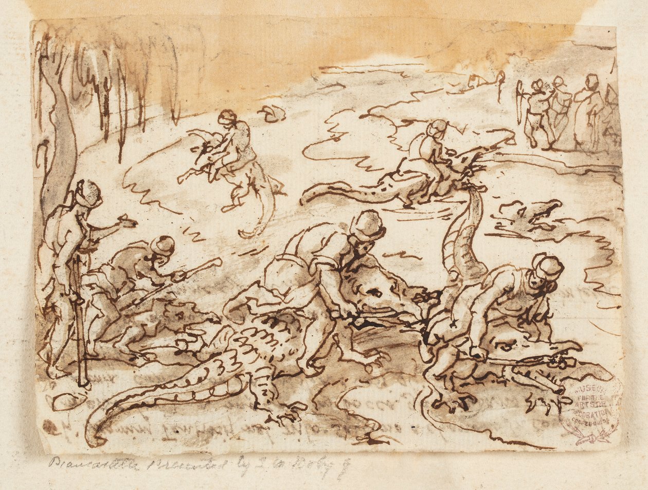 Recto: Krokodiljagd in Tentyra, in Ägypten; Verso: Inschrift zu Plinius des Älteren Naturgeschichte, Buch 7, Kap. 38 von Jan van der Straet, called Stradanus