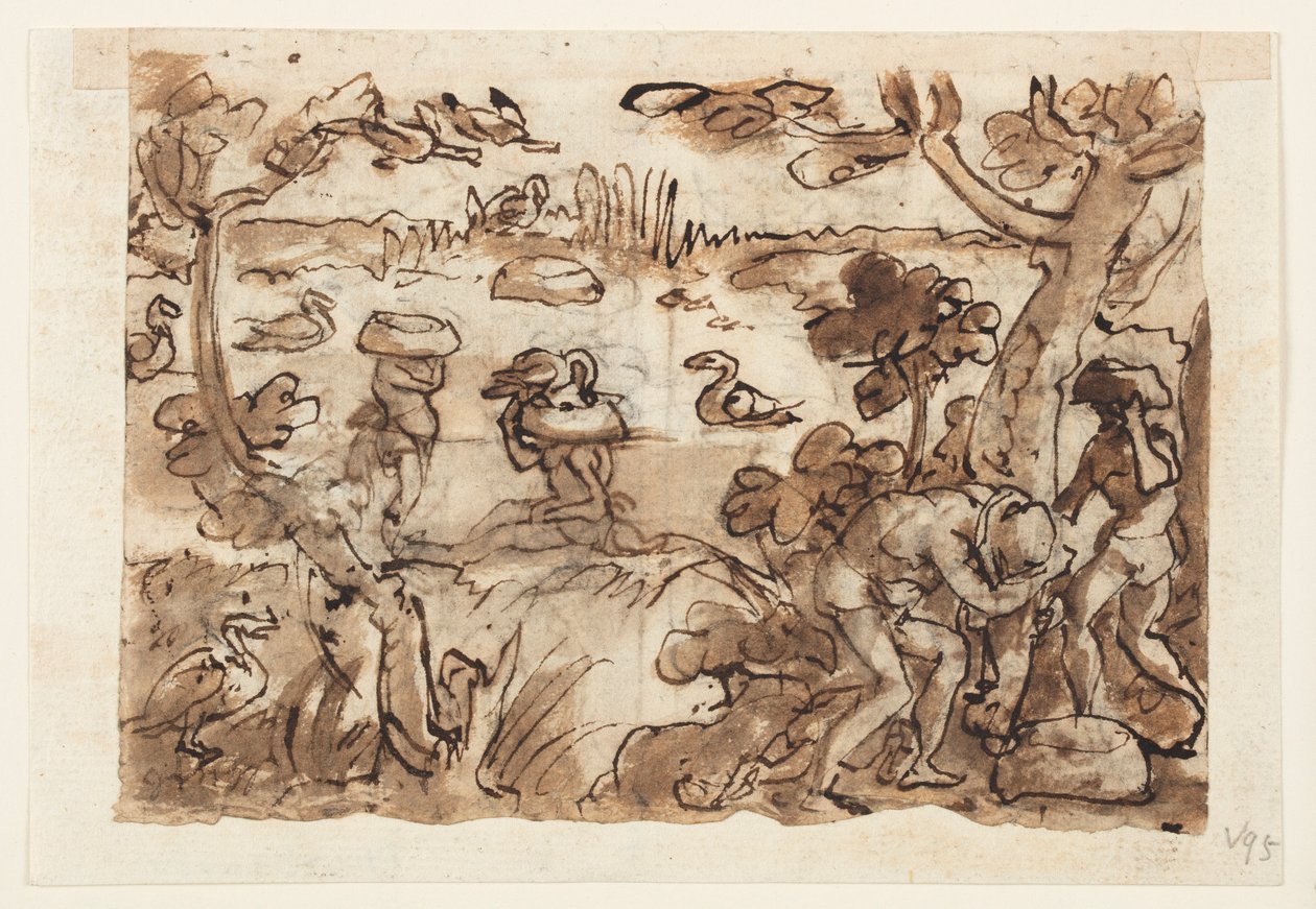 Recto: Entenjagd mit Kürbissen in Westindien; Verso, oben: Krokodiljagd am Nil; Verso, unten: Tigerjagd mit Fallen und Spiegeln von Jan van der Straet, called Stradanus