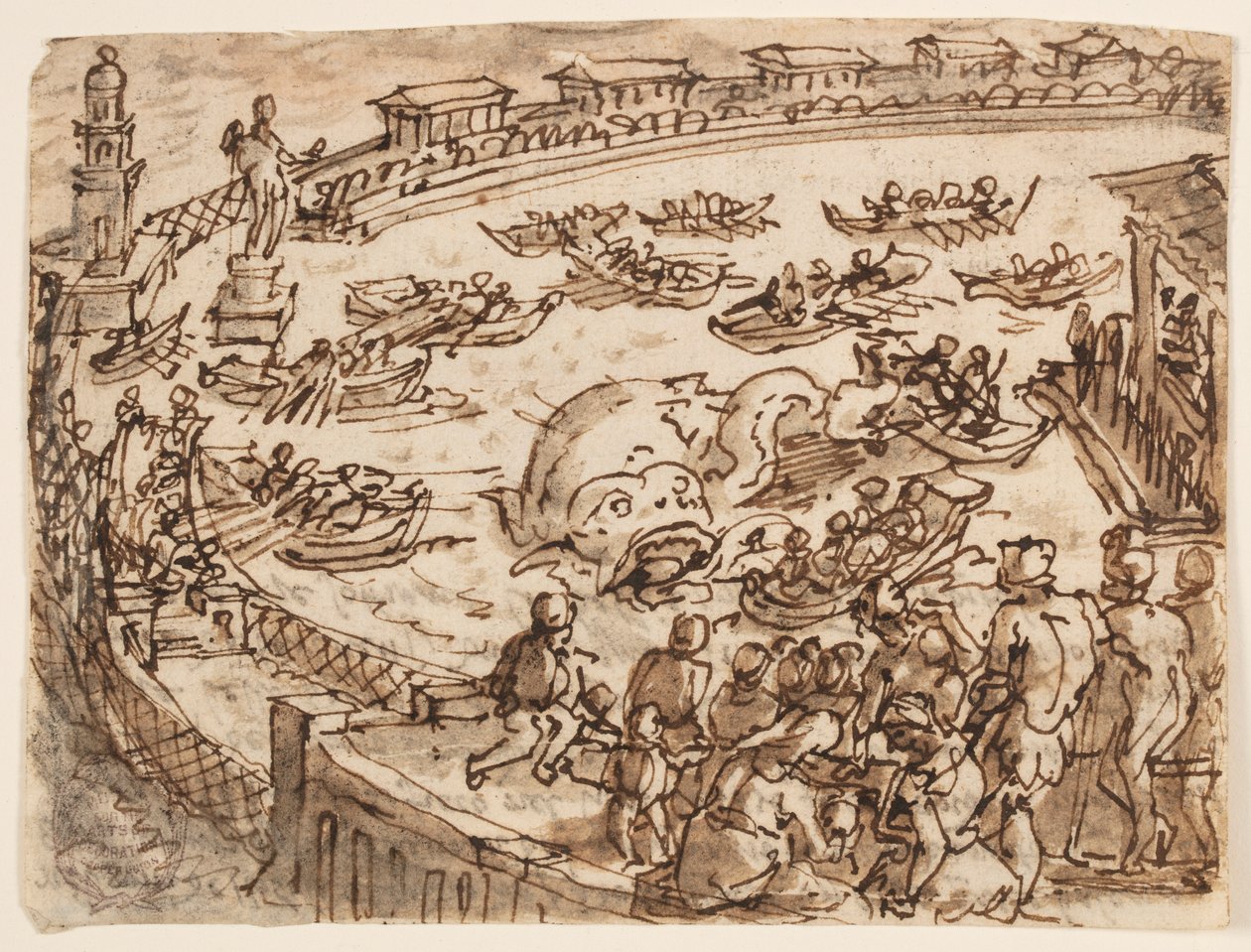 Recto: Walfang durch Kaiser Claudius im Hafen von Ostia; Verso: Inschrift zu Plinius des Älteren Naturgeschichte, Buch 9, Kap. 5 von Jan van der Straet, called Stradanus
