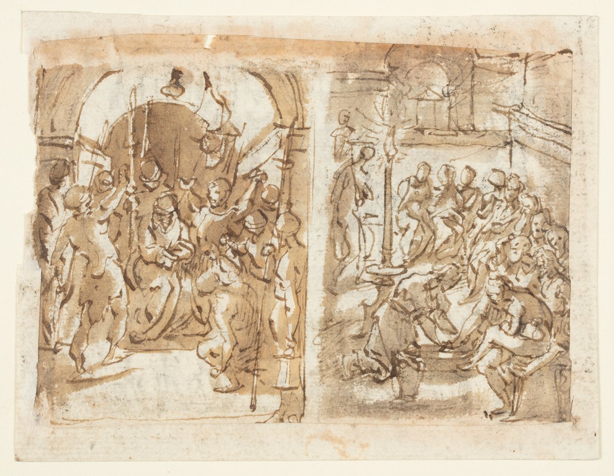 Recto, links: Die Verspottung Christi; Recto, rechts: Christus wäscht die Füße der Apostel; Verso: Hinrichtung von Maria Stuart, Königin von Schottland im Jahr 1587 von Jan van der Straet, called Stradanus
