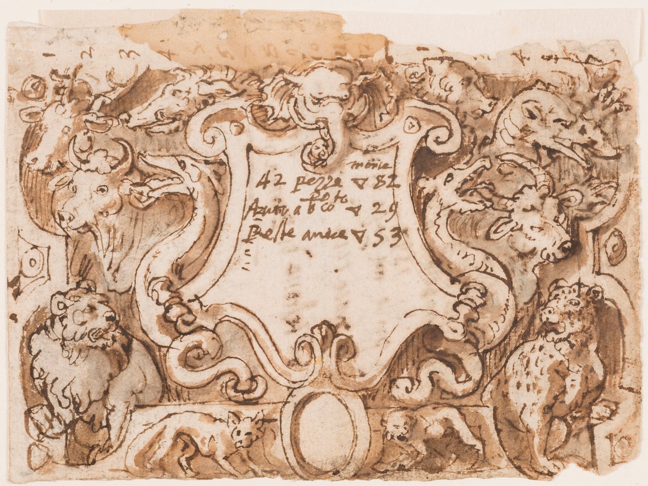 Recto: Vorentwurf für die Titelseite der Druckserie Venationes Ferarum Arium Piscium; Verso: Notizen von Stradanus über Zahlungen an einen Schneider von Jan van der Straet, called Stradanus
