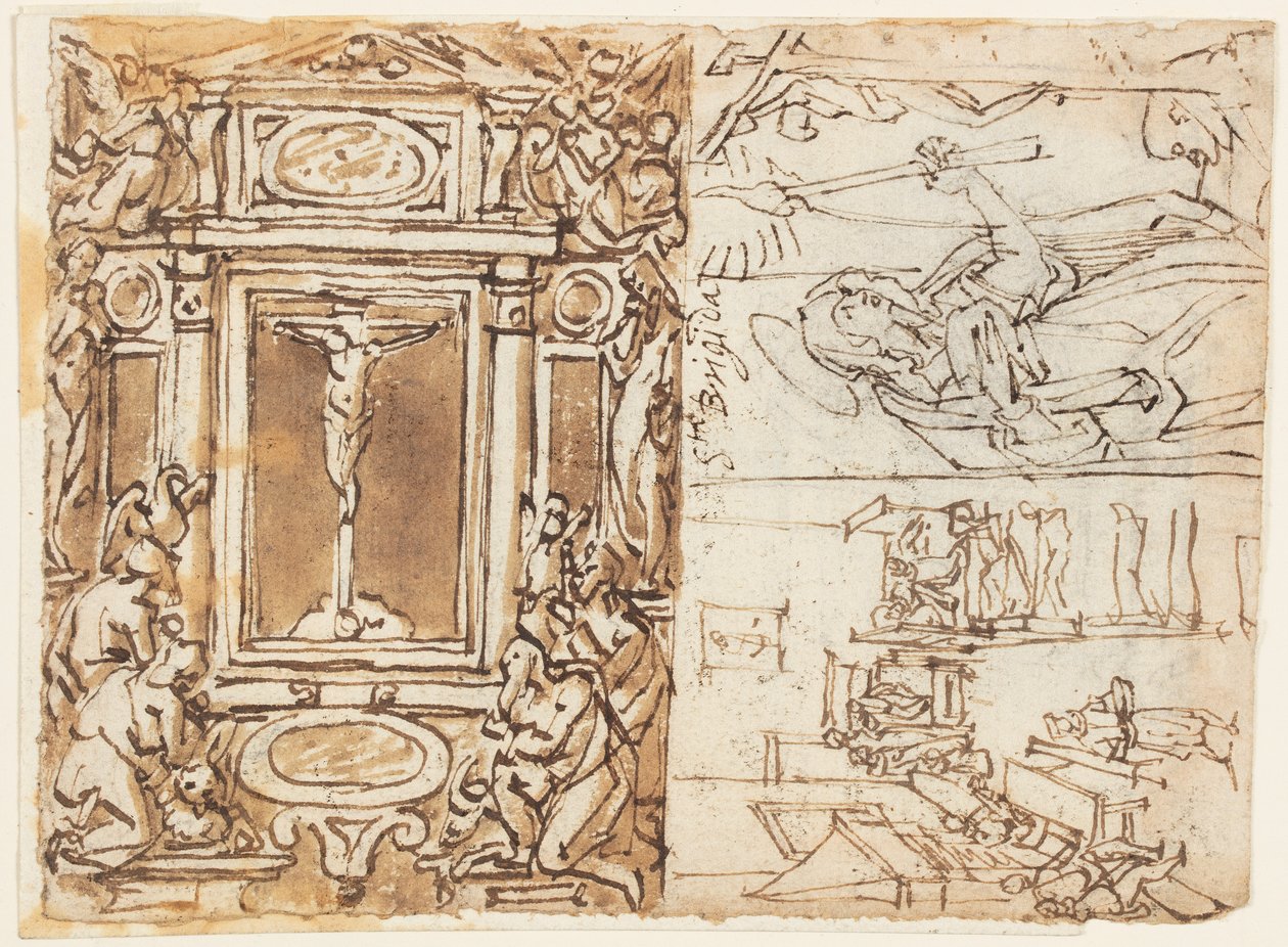 Skizzenbuchseite; Denkmal von Marcus Aurelius Antonius mit Sohn; Studie für einen Stich von Jan van der Straet, called Stradanus