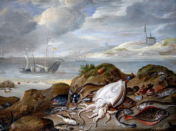 Eine Flussmündung mit Fischen auf einer Düne von Jan van the Elder Kessel