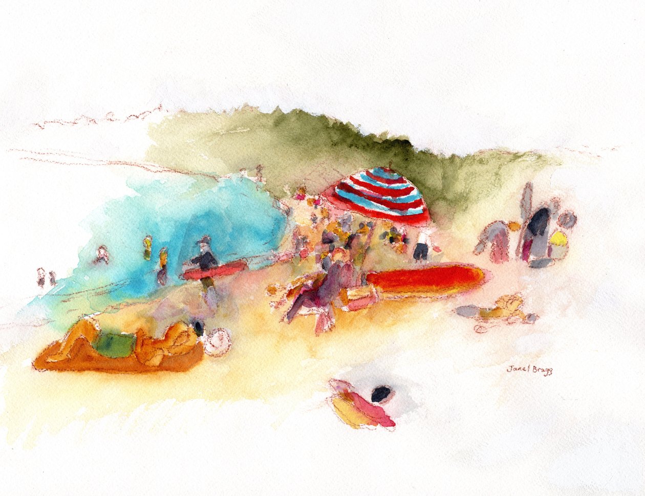 Strandsonnenanbeter und Surfer in der Hanalei-Bucht, ca. 2019 von Janel Bragg