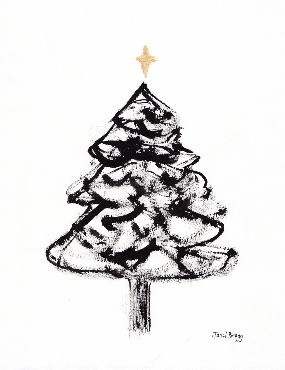 Weihnachtsbaum mit Sumi-Tinte und Goldkreuz, ca. 2021 von Janel Bragg